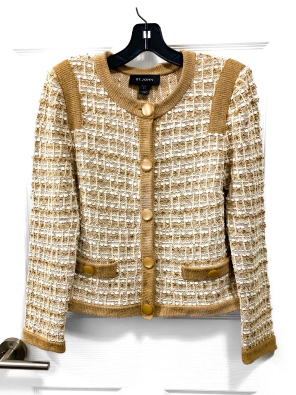 St. John Camel & Cream Button-Front Knit Jacket